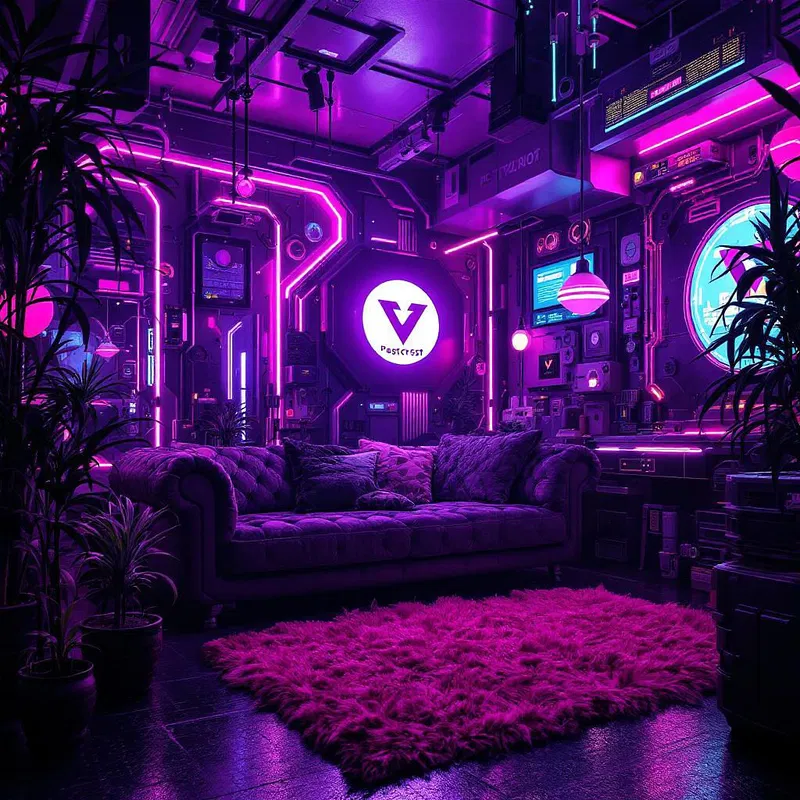 Cyberpunk boudoir atmosphere with Postcrest logo