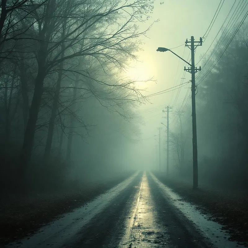 Foggy Chernobyl street at dawn