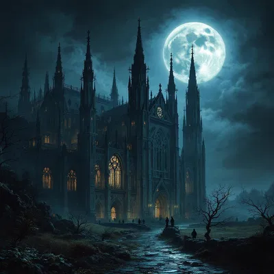 AI-generated Gothic cathedral under a full moon