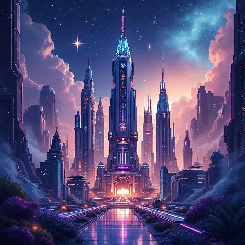 Futuristic space city with glowing towers