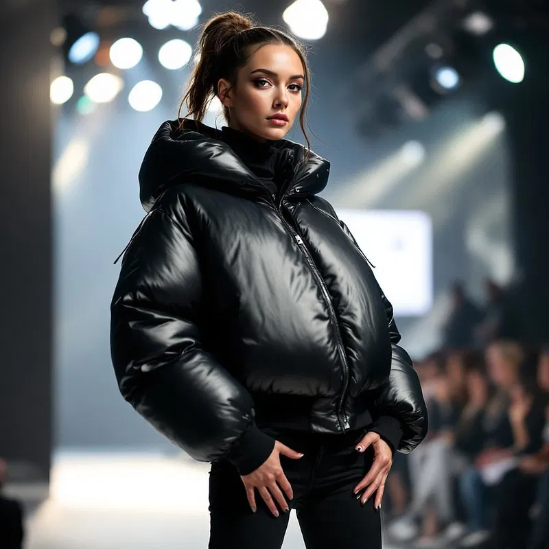 Fashion model wearing AI-designed puffer jacket