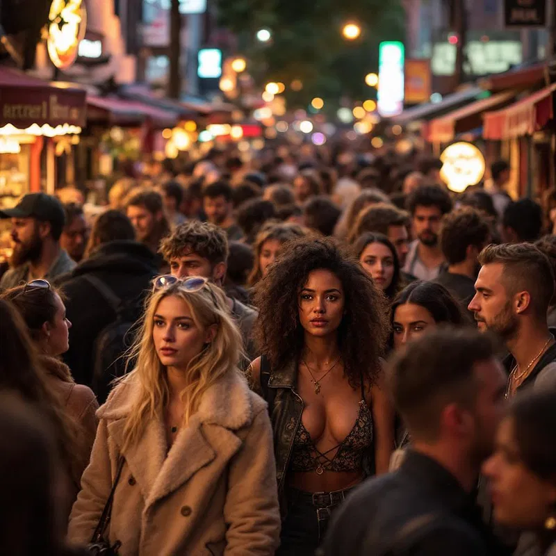 Diverse crowd mingling in Berlin's eclectic night district