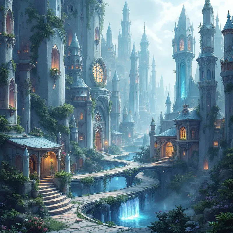 Fantasy city with crystal towers and enchanted pathways.