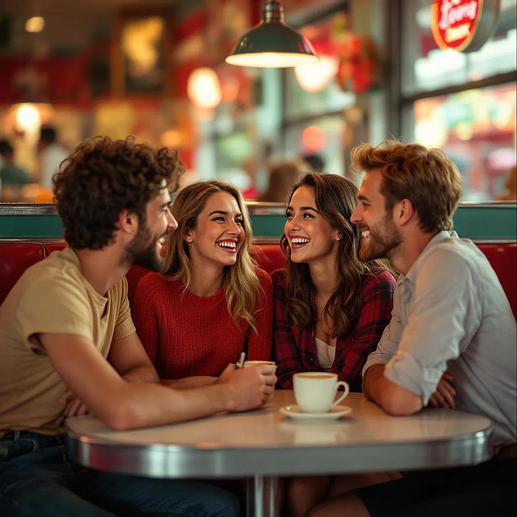 Group of friends laughing in a 1950s diner booth