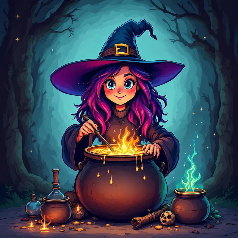 Cartoon witch stirring a bubbling cauldron.