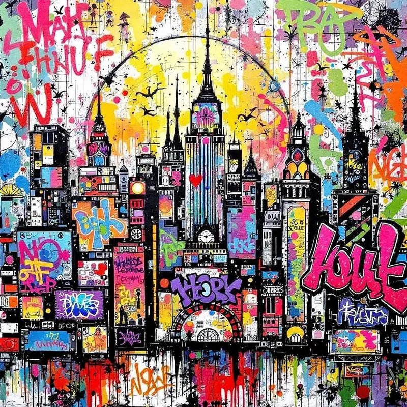 Colorful graffiti art of a city skyline