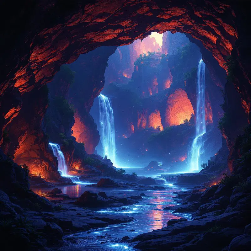 Enchanted canyon with luminescent waterfalls and caves.