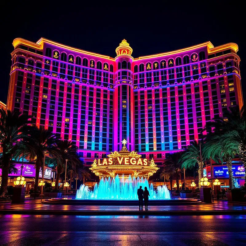 Iconic Las Vegas hotel exterior at night