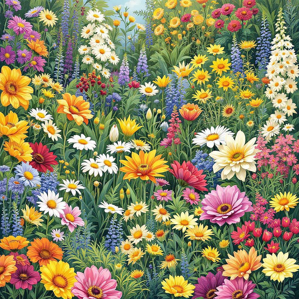 Illustration of a garden scene with diverse flowers