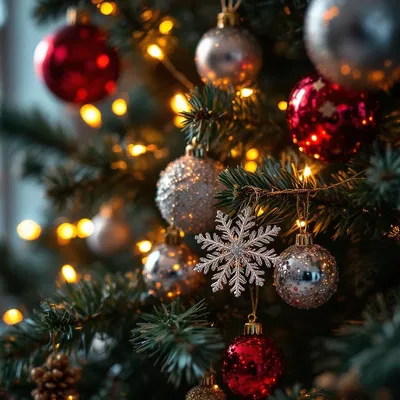 AI designed close-up of Christmas ornaments and lights.