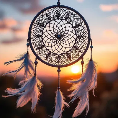 Dreamcatcher with intricate beadwork hanging in sunset