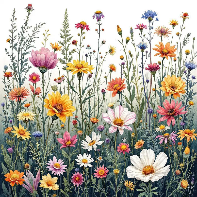 Intricate botanical illustration with colorful wildflowers