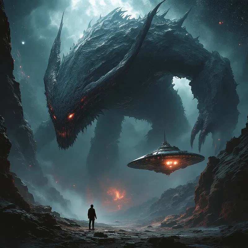 Gigantic space creature near a spaceship