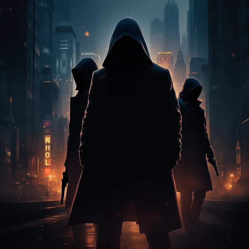 Spy thriller movie poster with shadowy figures