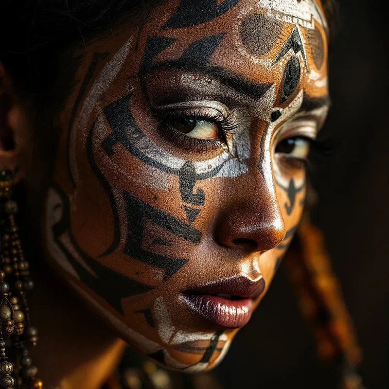 Culturally rich tribal face paint with layered effects