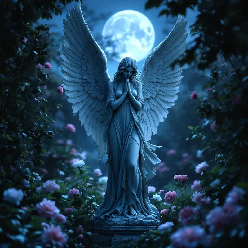 An artwork of a Gothic angel in a moonlit garden