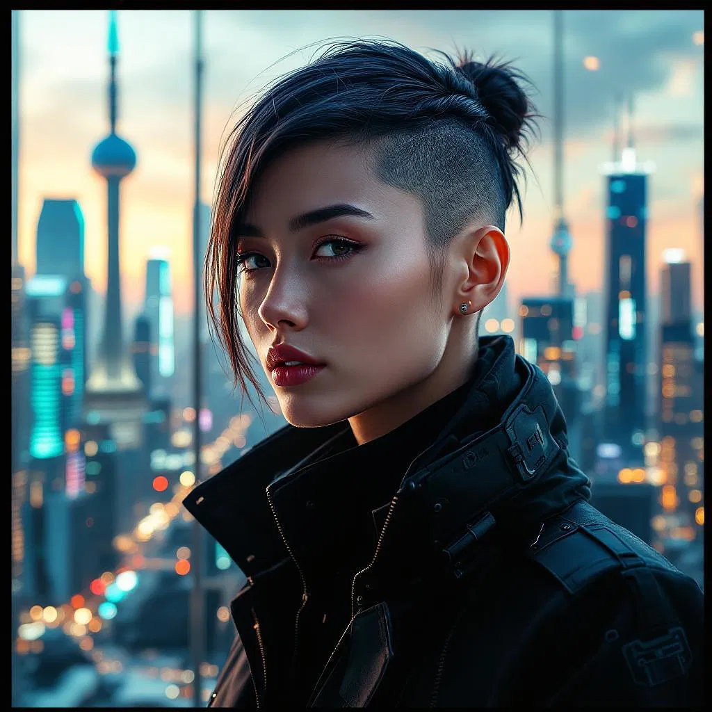 AI avatar in a futuristic city background