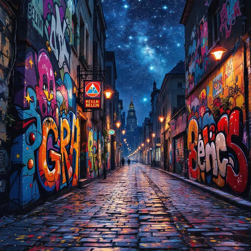 Colorful urban street art in Berlin under starlit sky