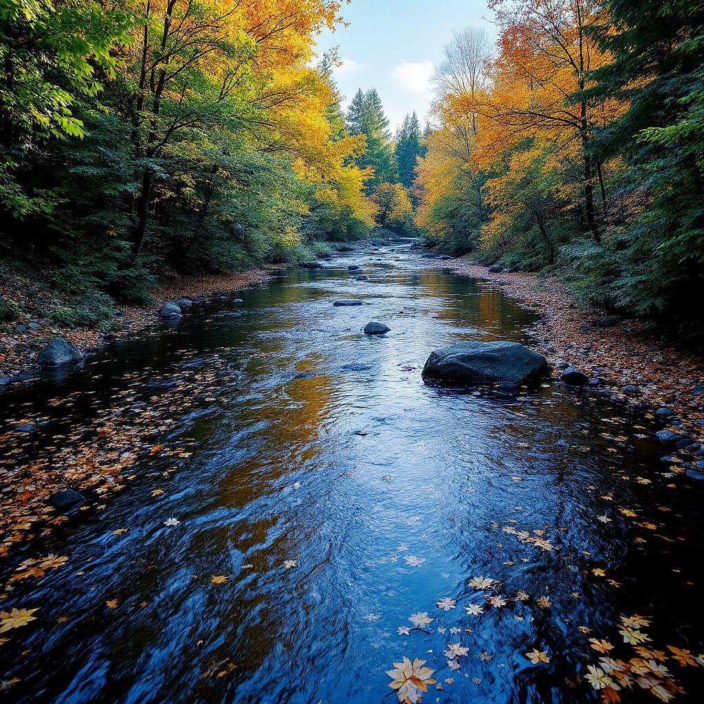 AI-crafted time-lapse of seasonal river scene