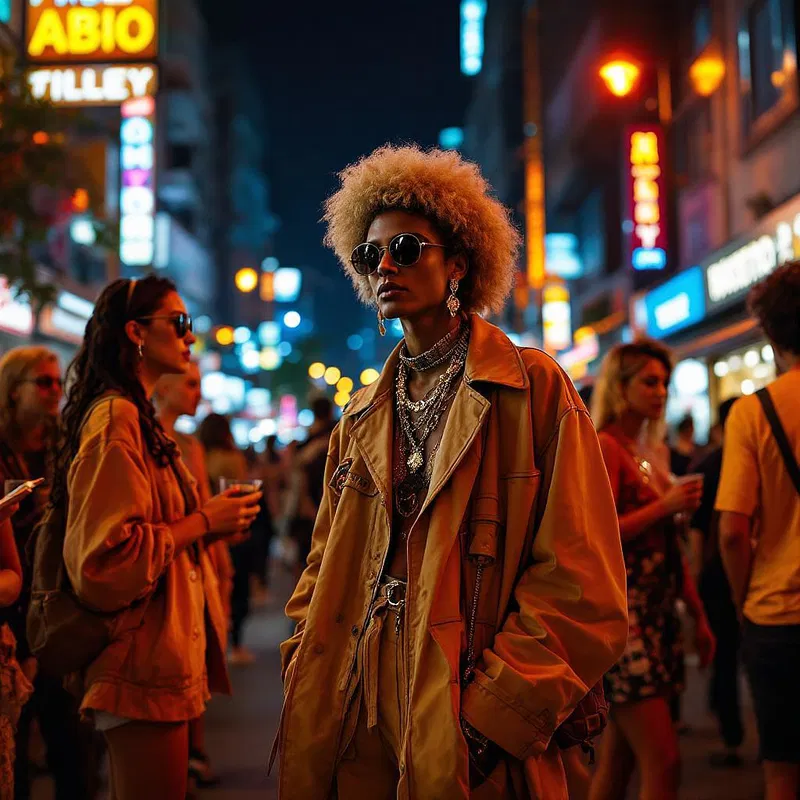 Eccentric street style imagery with AI, night view of social gathering