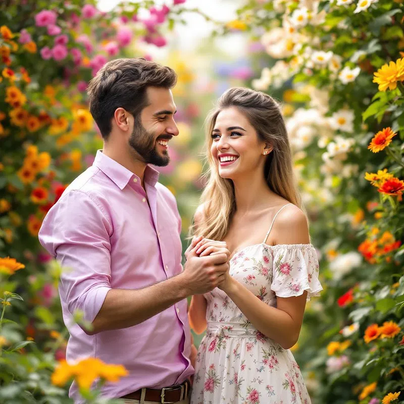 Man and woman holding hands in a flower garden