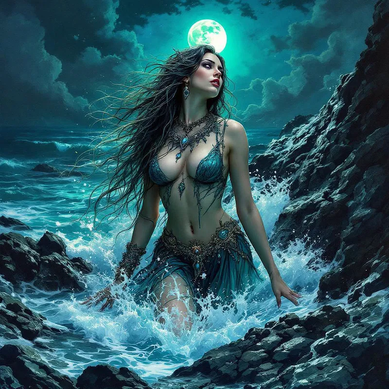 Enticing siren under a moonlit sky