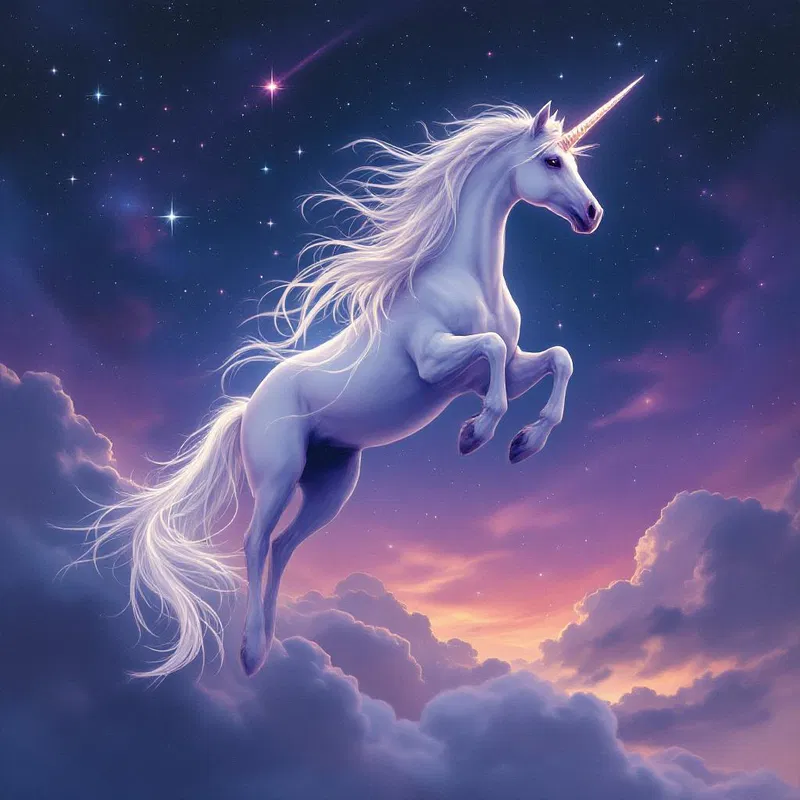 A unicorn soaring through a twilight sky with a shooting star.