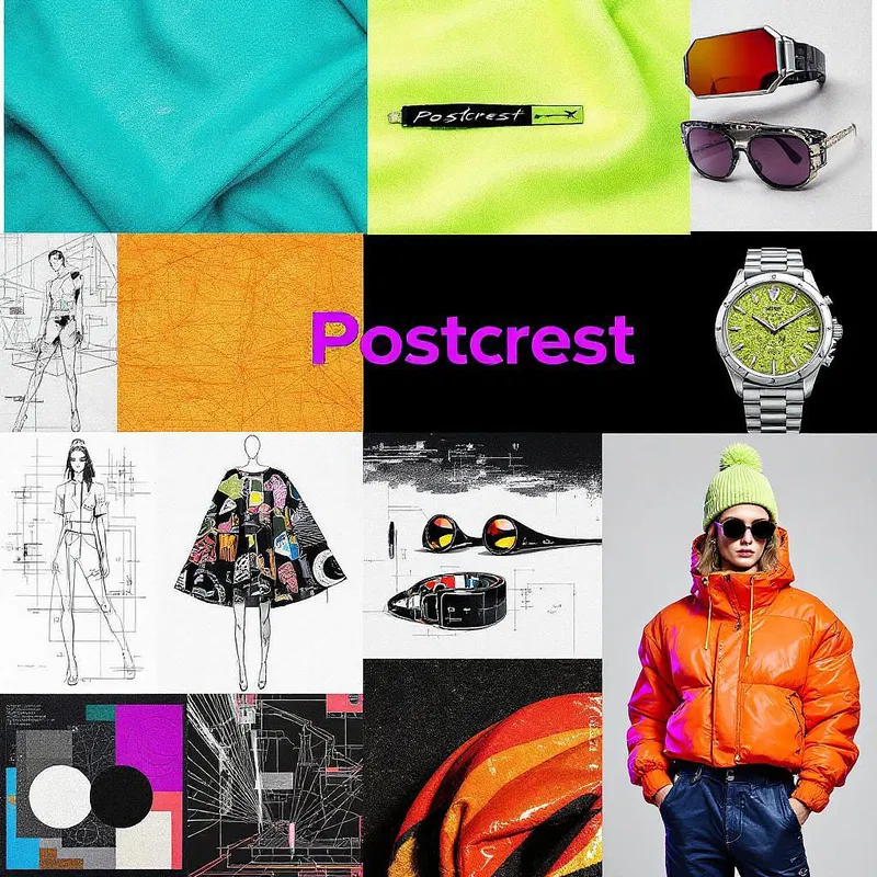 A creative collage of cyberpunk fashion design elements with 'Postcrest' visible.