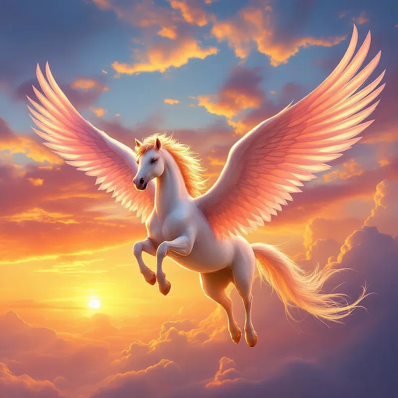 A gentle pegasus flying in the sunset sky.