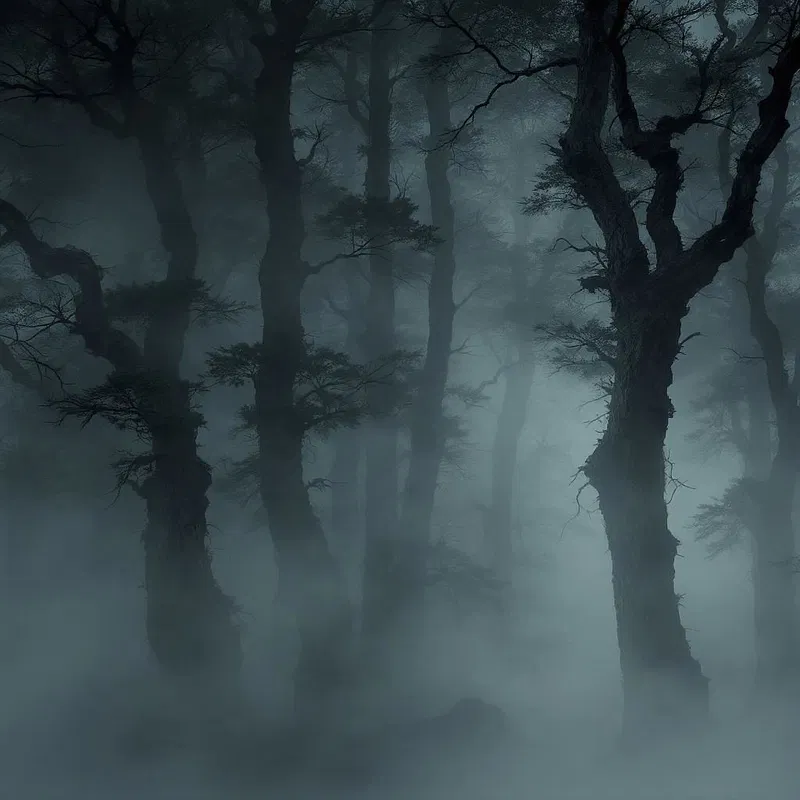 Dense fog over a mysterious forest