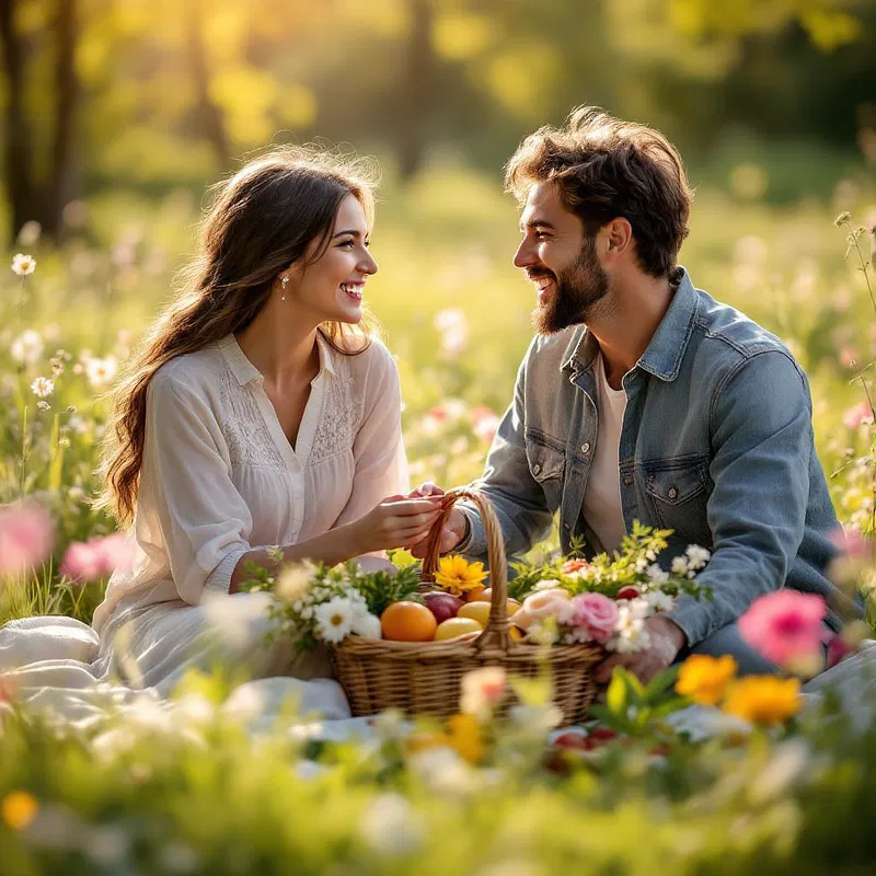 Happy couple having a picnic in a meadow