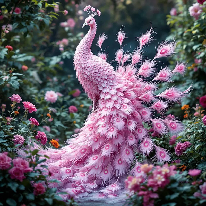 Elegant pink fever peacock in a lush garden.