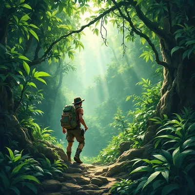 Adventure book cover with an explorer in a dense jungle