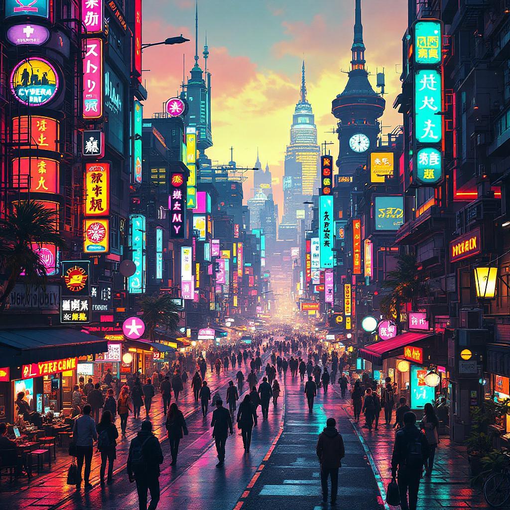 Cyberpunk boulevard with neon architecture