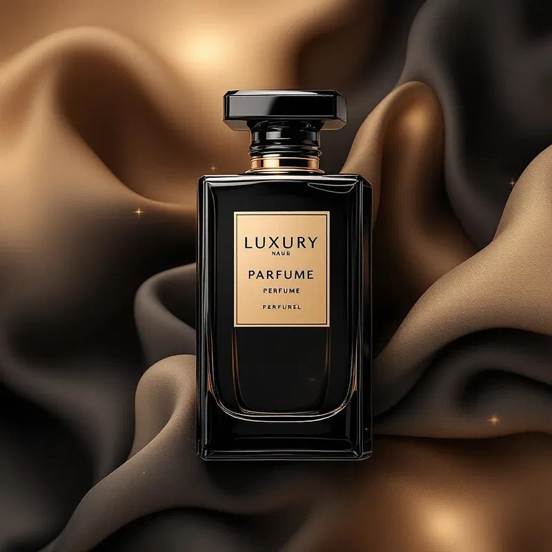 Advertising poster for a luxury perfume brand with elegant design.