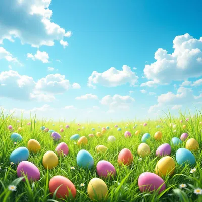 Colorful Easter eggs in a grassy field