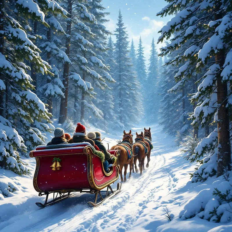 Festive sleigh ride through snowy forest