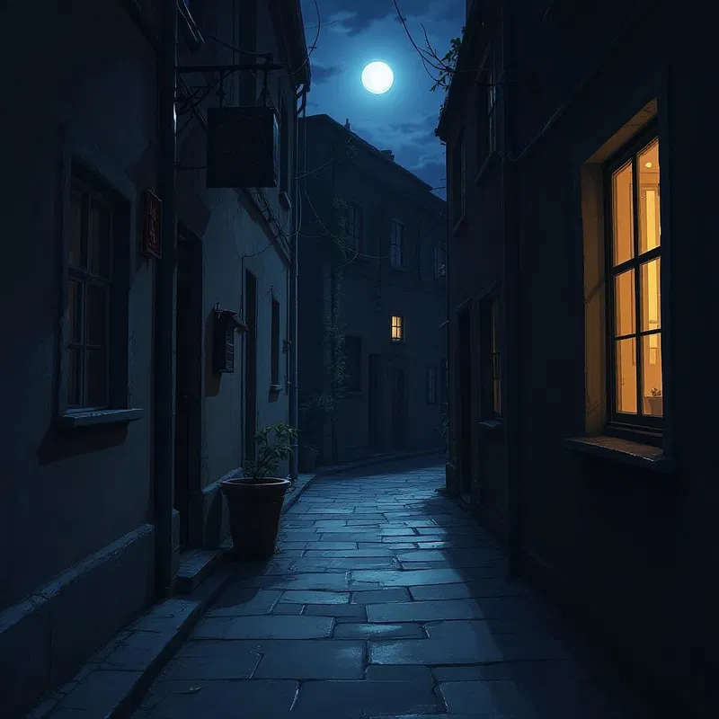 AI-generated image of a quiet moonlit alleyway