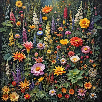 Artistic representation of a botanical garden with diverse flora