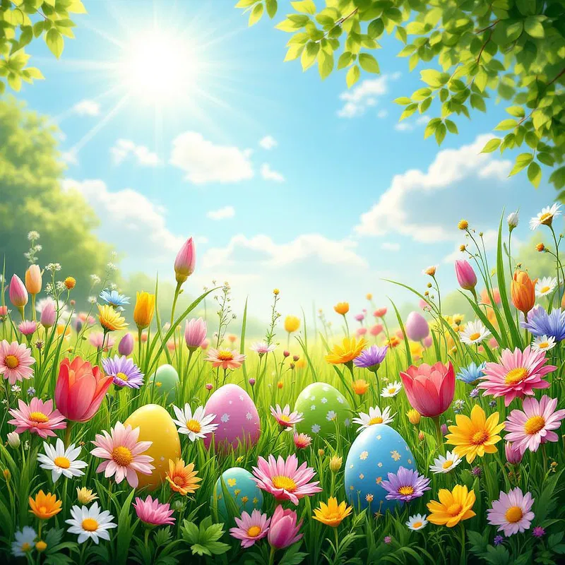 Vibrant meadow with Easter eggs and flowers