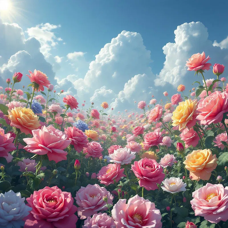 A field of giant, colorful roses