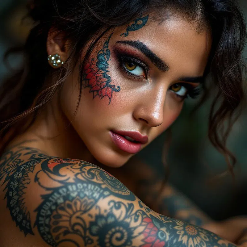 South American woman with artistic tattoo