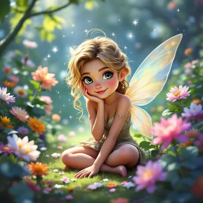 Cartoon fairy with sparkling wings in a garden.