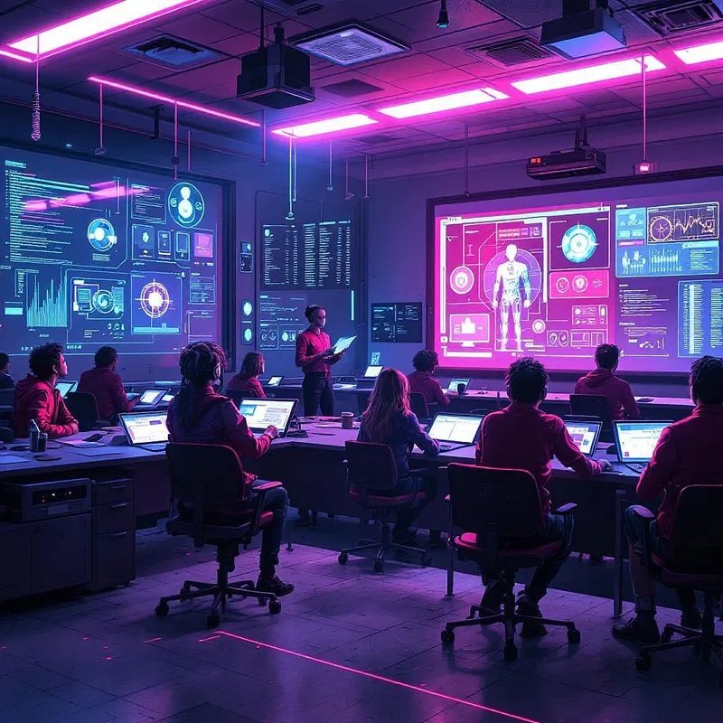 Cyberpunk classroom with holographic teaching