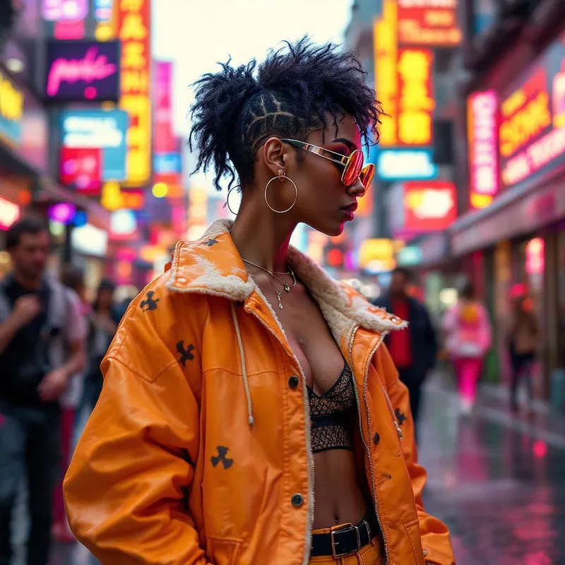 Street style cyberpunk fashion in an urban landscape.