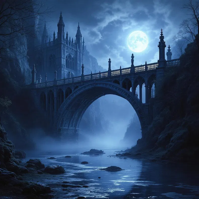 Gothic bridge over a misty waterway