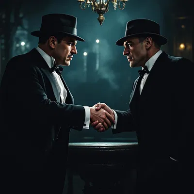 Two mobsters shaking hands over a deal