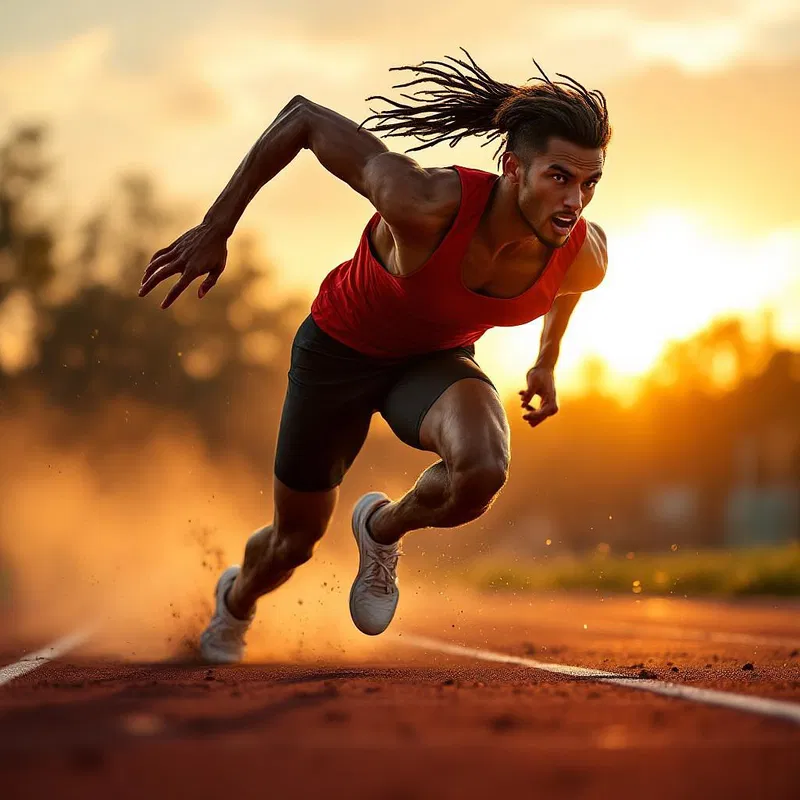 Athlete running on a track at sunset