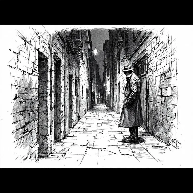 Storyboard sketch of a detective in a dark alley