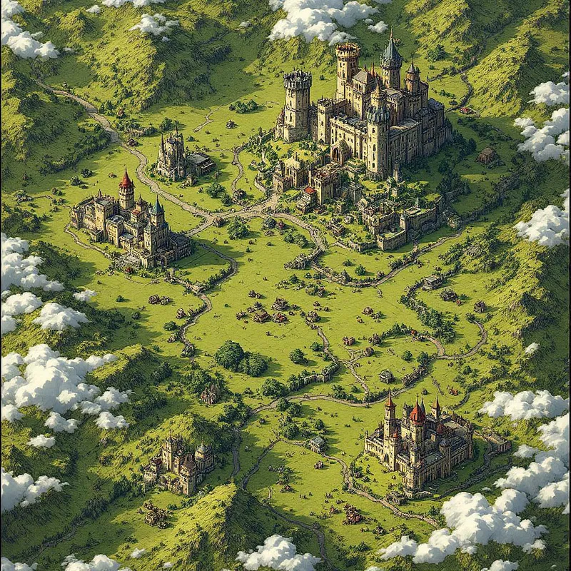 Medieval fantasy land with fortresses and fields